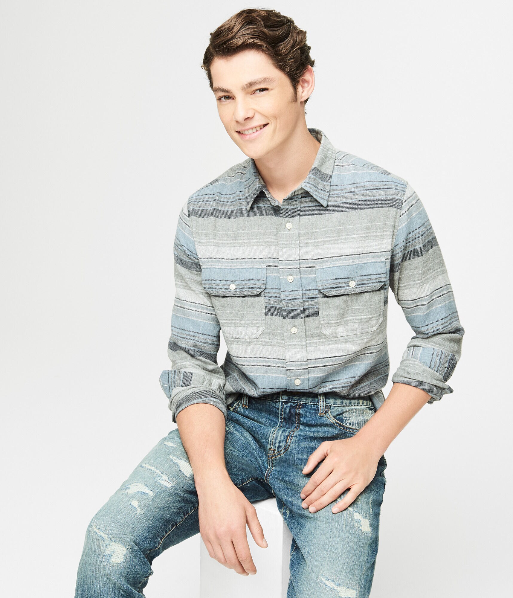 Long Sleeve Striped Flannel Woven Shirt