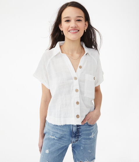 Tonal Plaid Button-Down Camp Shirt