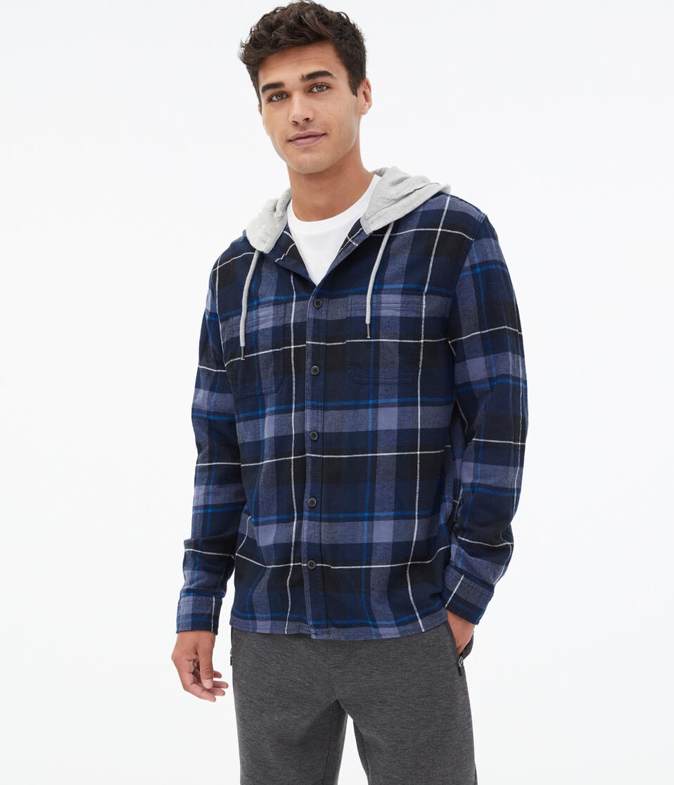 Long Sleeve Hooded Flannel Button-Down Shirt
