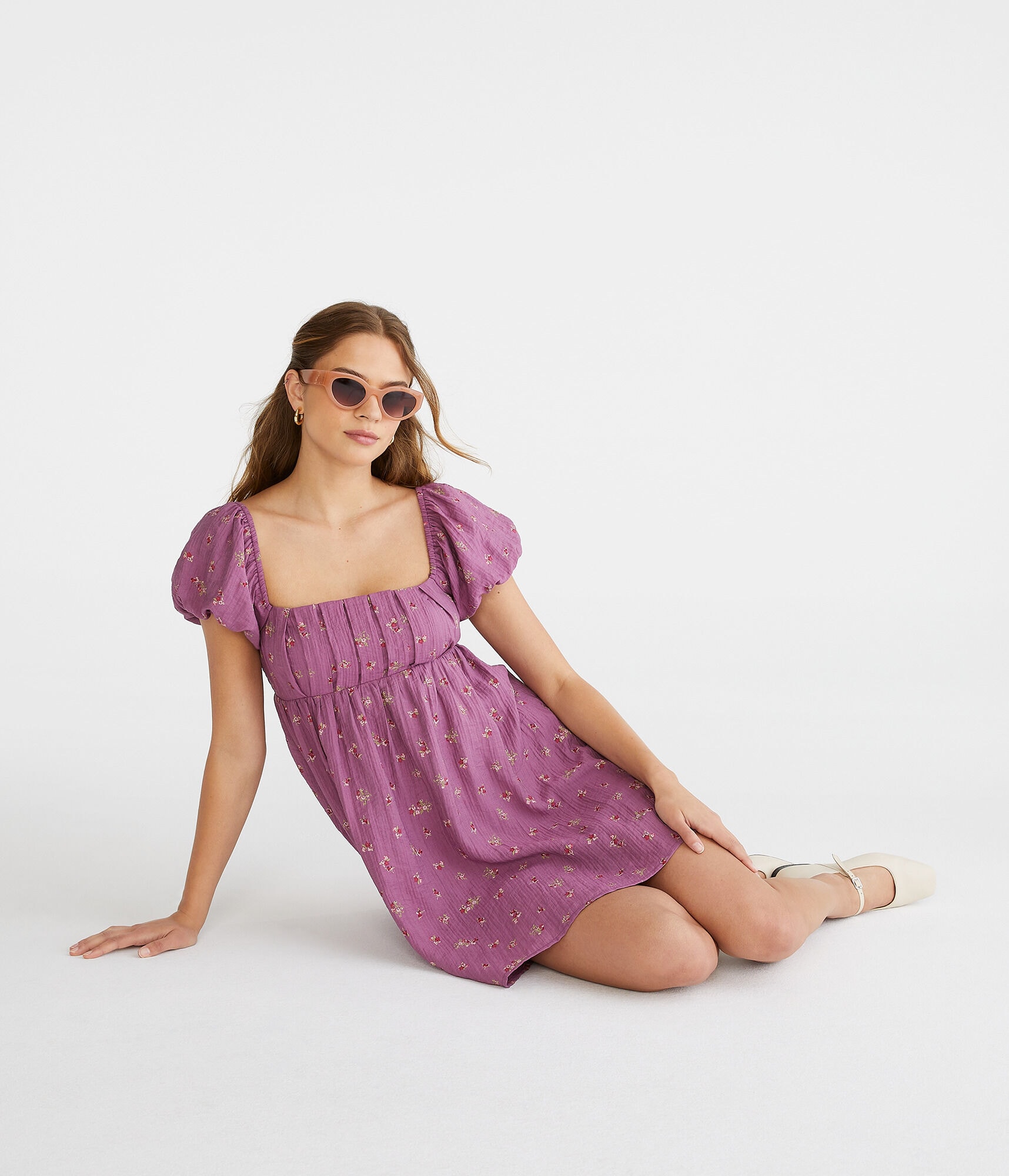 Floral Square-Neck Pleated Babydoll Dress