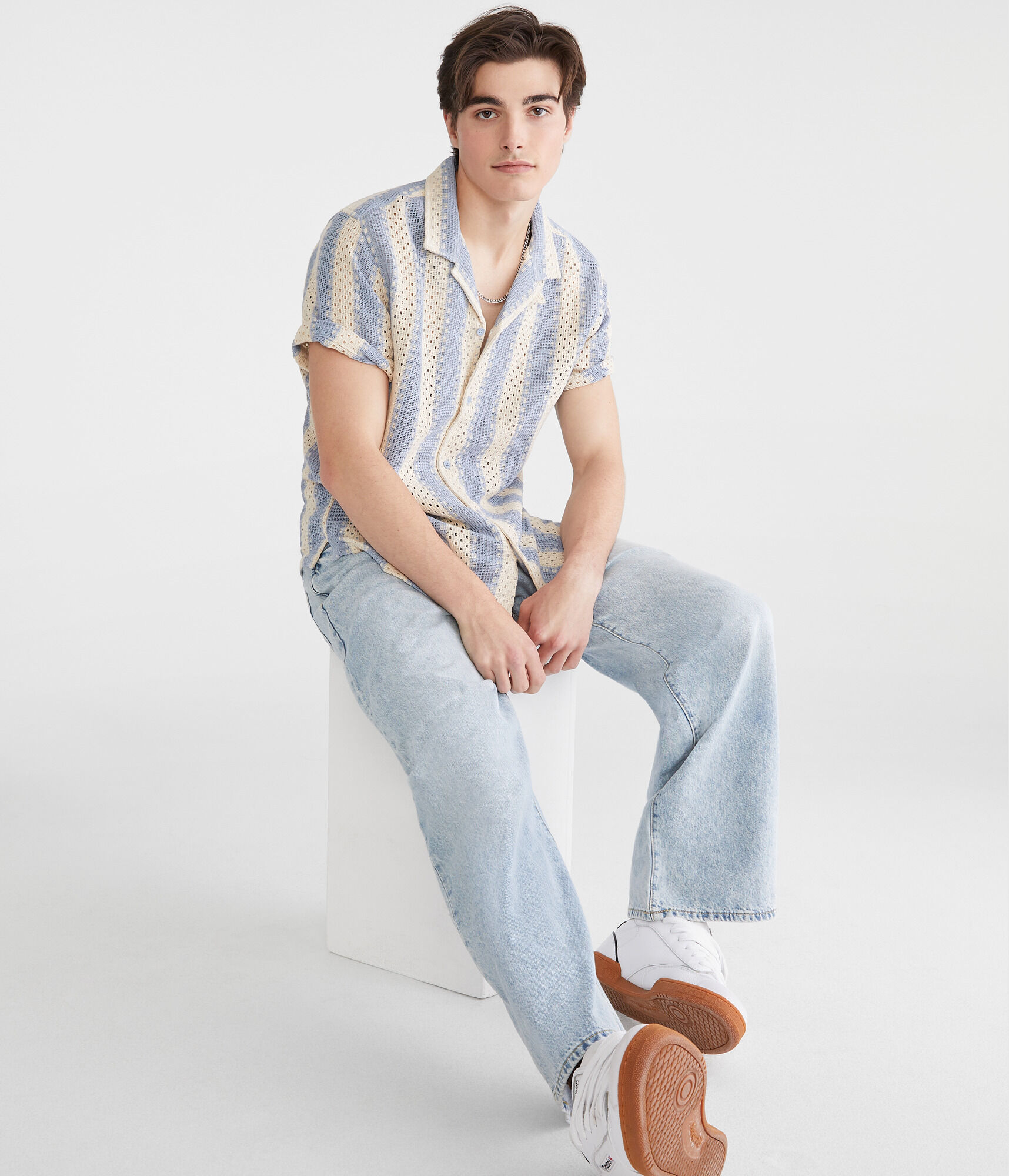 Short Sleeve Crocheted Stripe Shirt