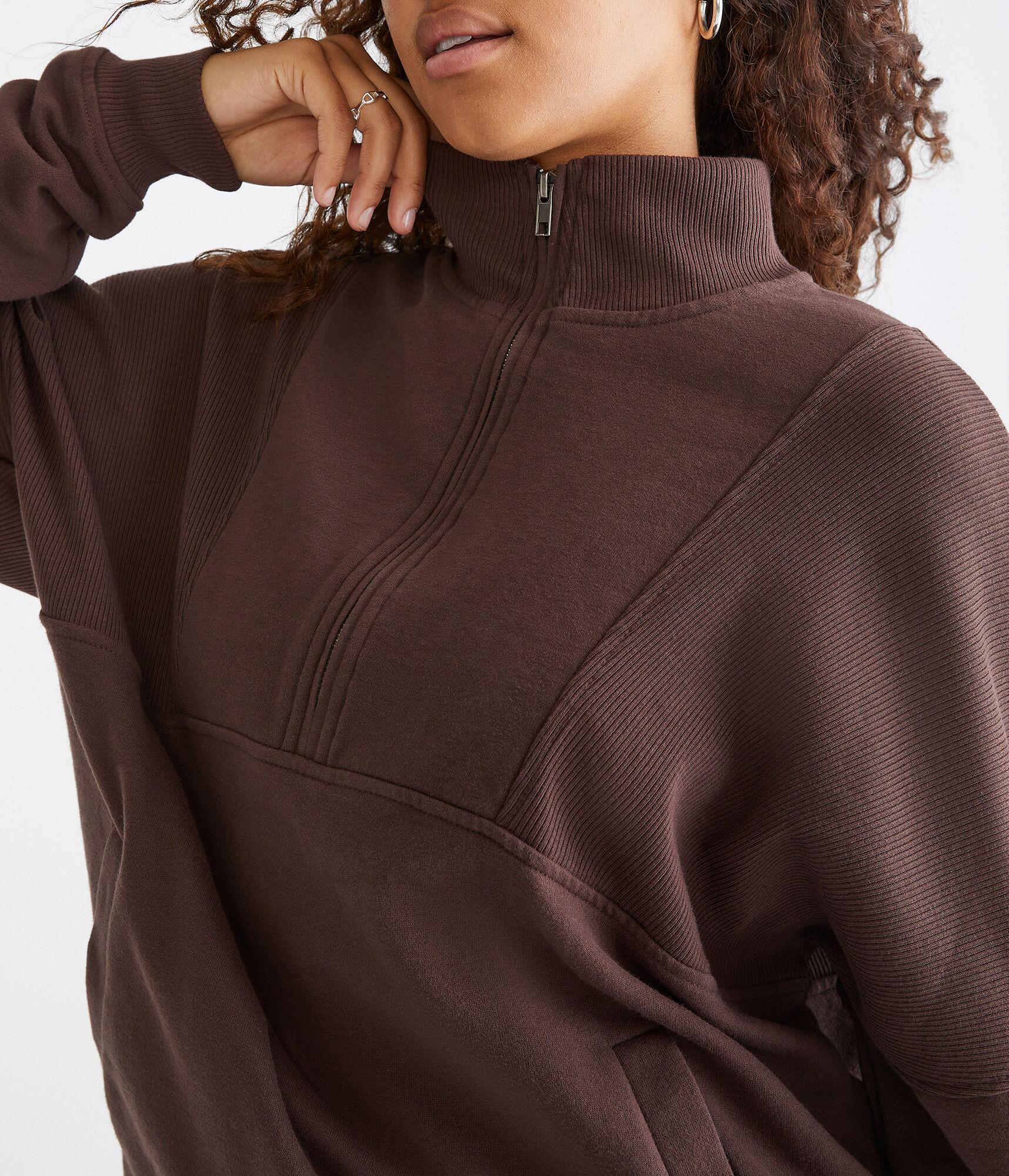 Ribbed Mock-Neck Pullover Sweatshirt