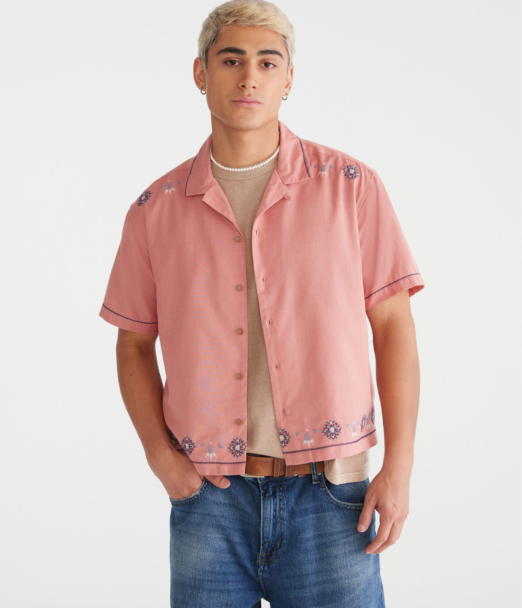 Floral Border Boxy Linen Camp Shirt