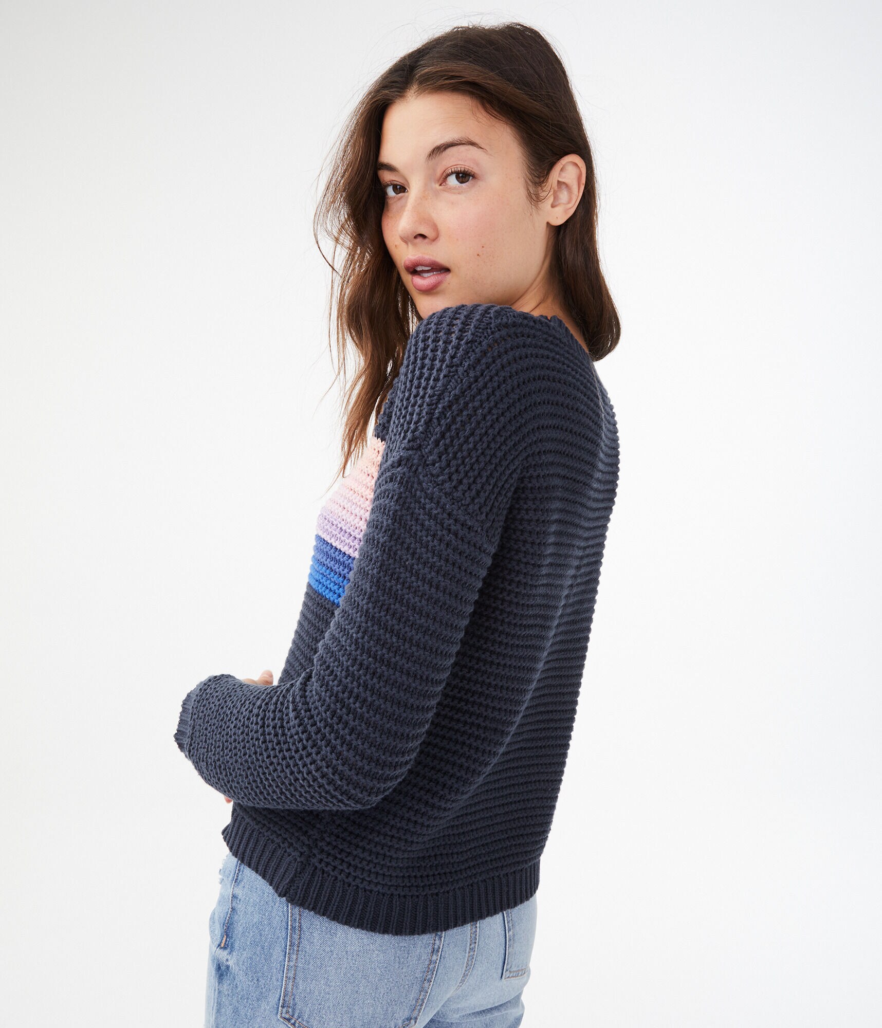 Striped Open-Knit Crew Sweater