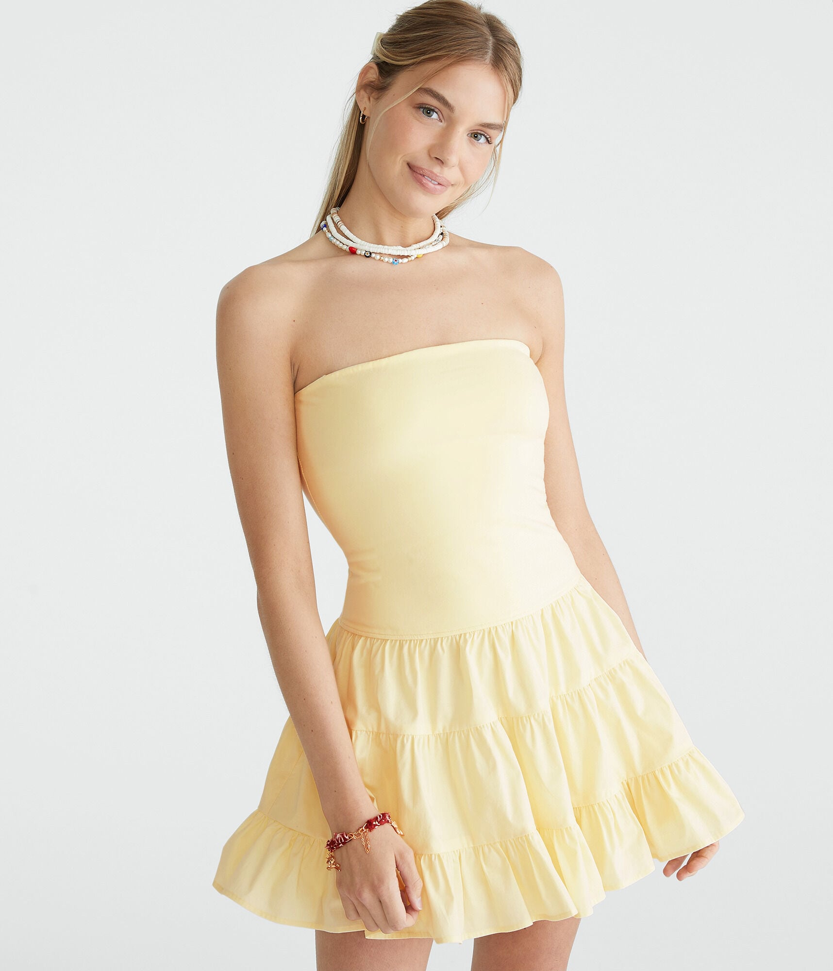 Solid Strapless Tiered Fit & Flare Dress Solid Strapless Tiered Fit & Flare Dress
