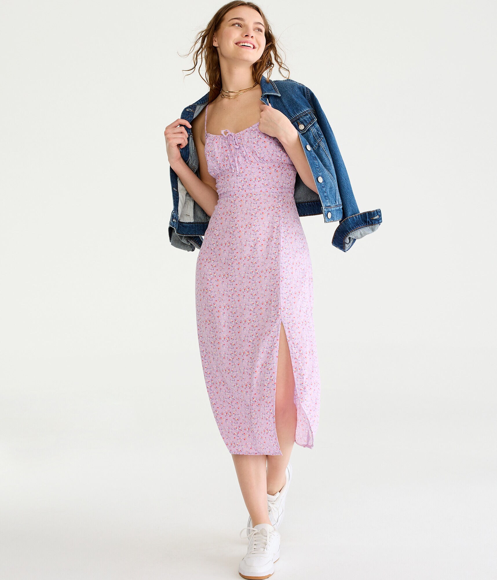 Floral Scoop-Neck Tie-Back Bustier Midi Dress