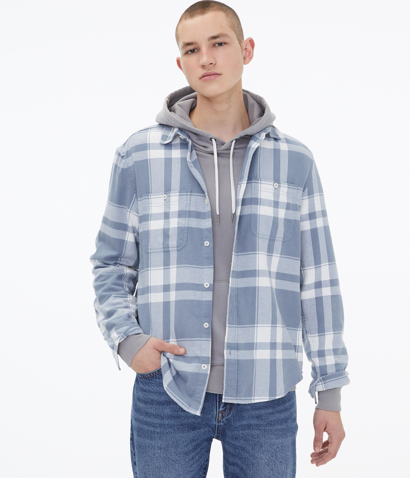 Long Sleeve Relaxed Plaid Flannel Button-Down Shirt