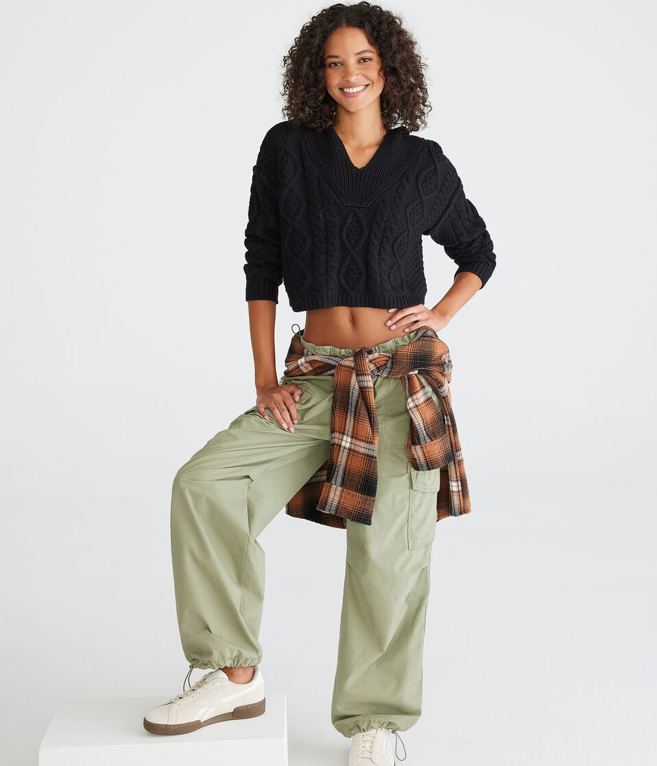 Cropped Cable-Knit Hooded Sweater