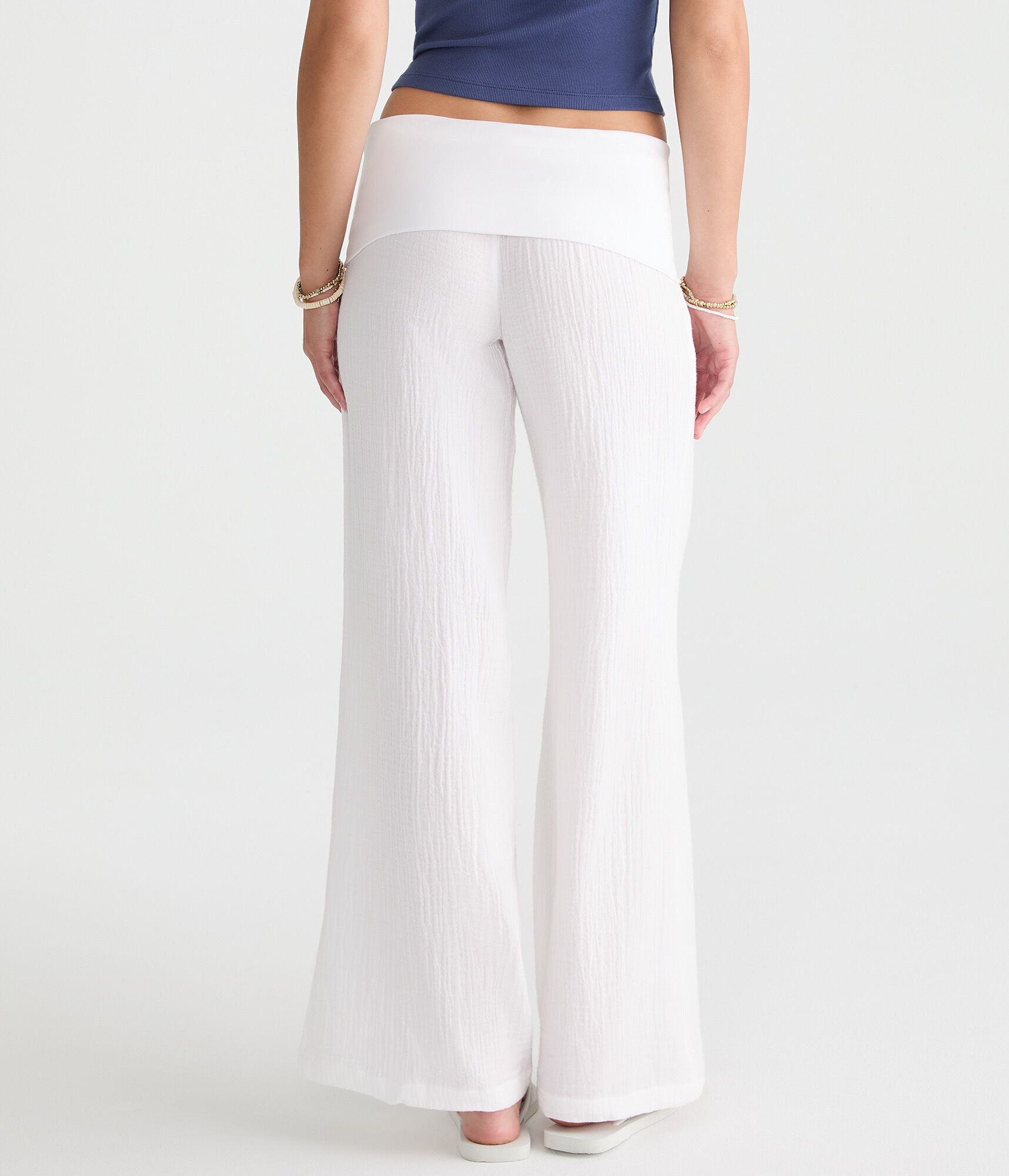 Low-Rise Gauze Fold-Over Wide Leg Pants