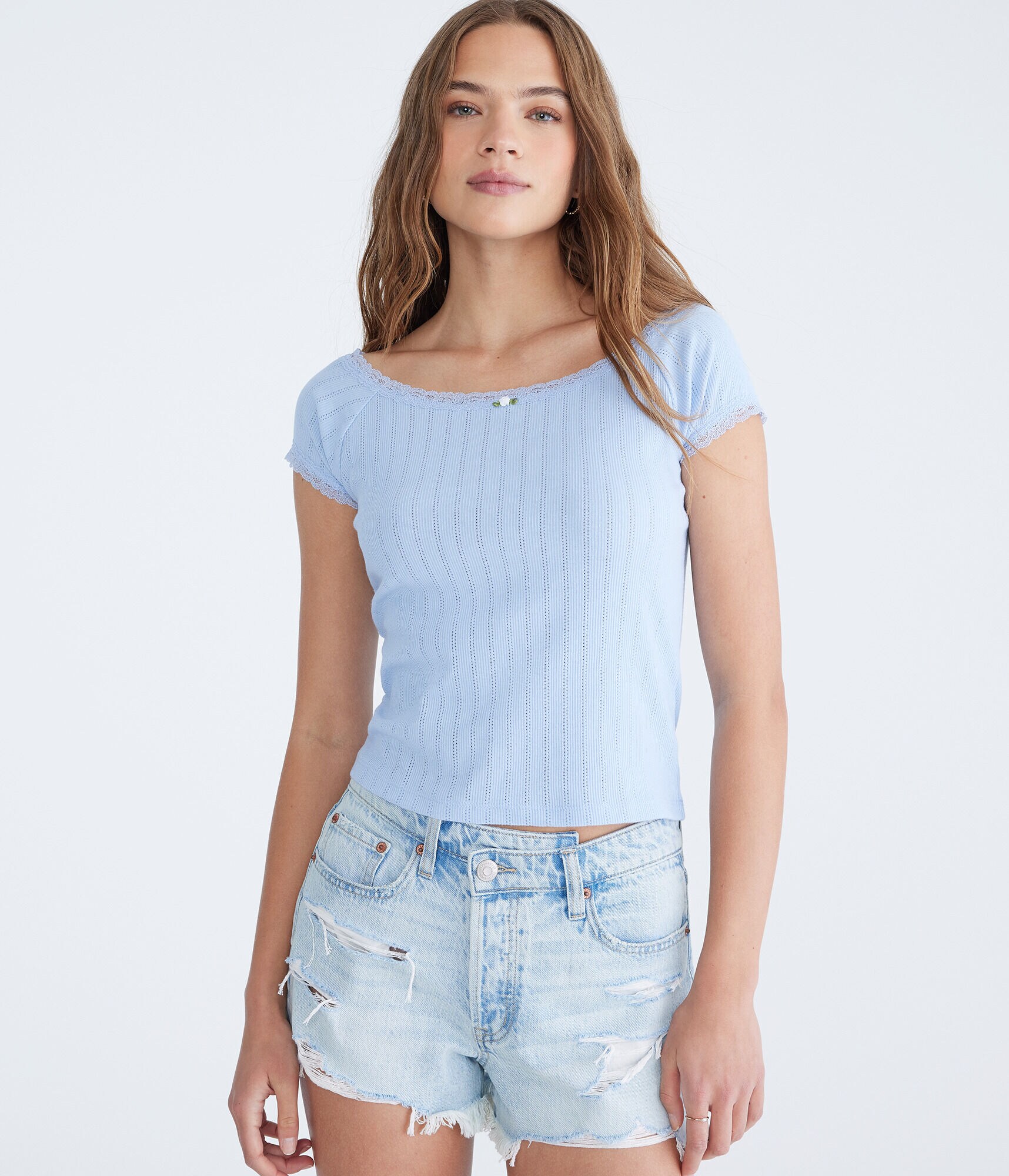 Lace Trim Boat-Neck Shrunken Tee
