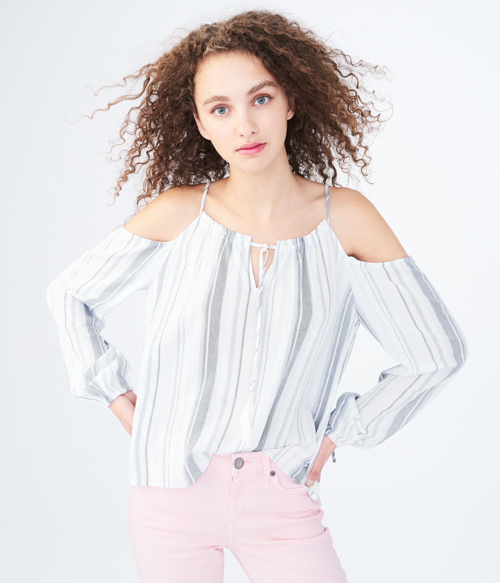 Long Sleeve Striped Cold-Shoulder Top
