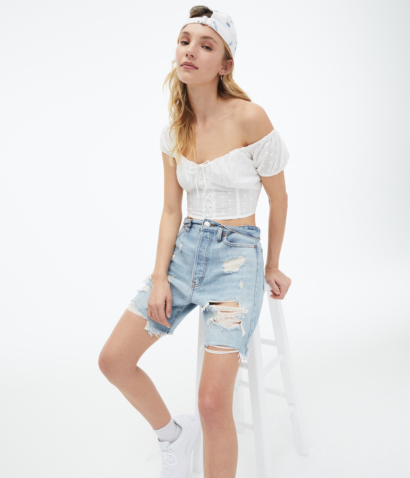 Eyelet Lace-Front Crop Top