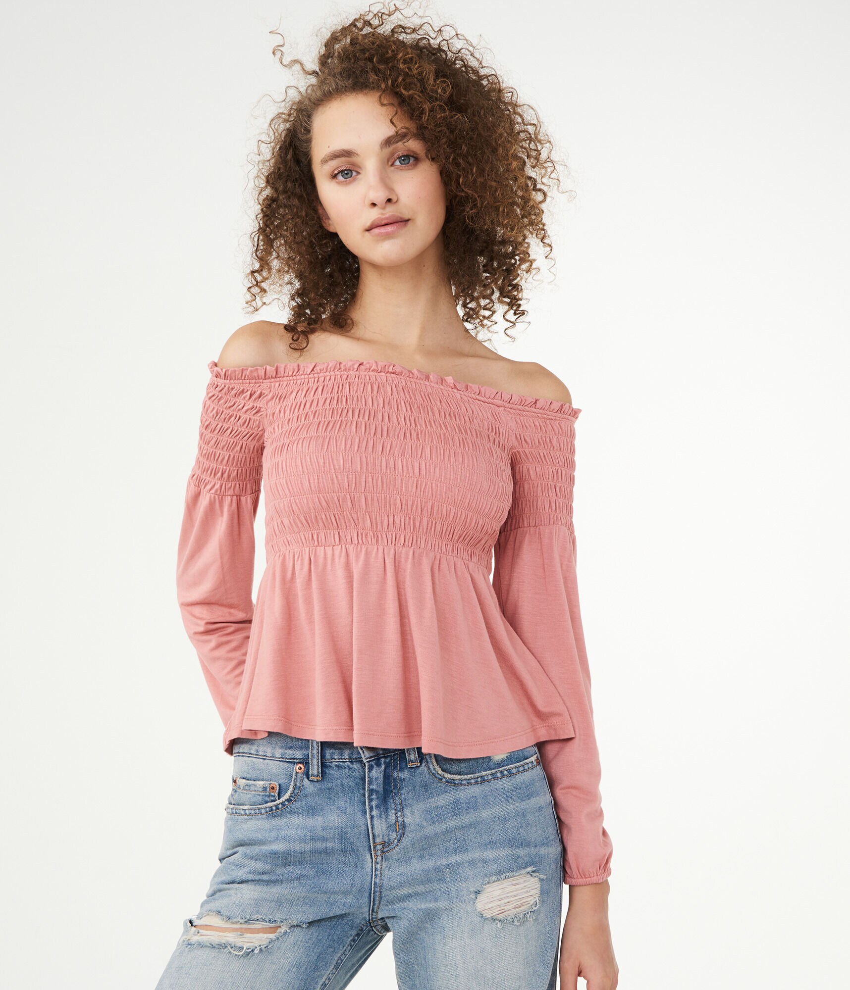 Long Sleeve Solid Smocked Off-The-Shoulder Top