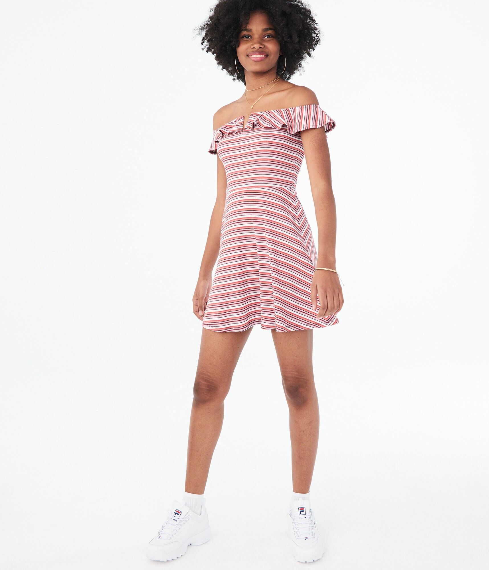 Striped V-Wire Off-The-Shoulder Fit &amp; Flare Dress