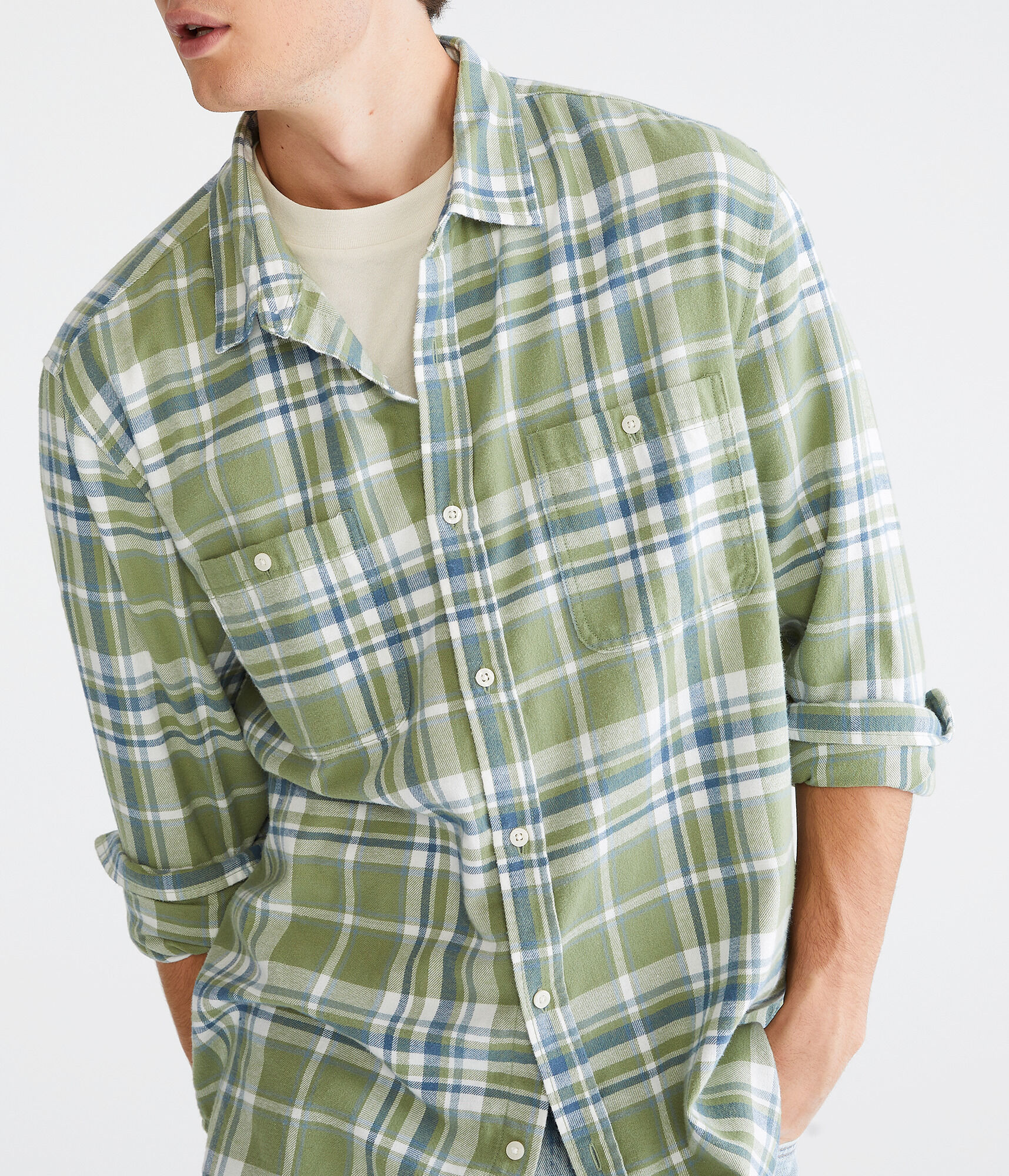 Long Sleeve Relaxed Washed Plaid Flannel Shirt