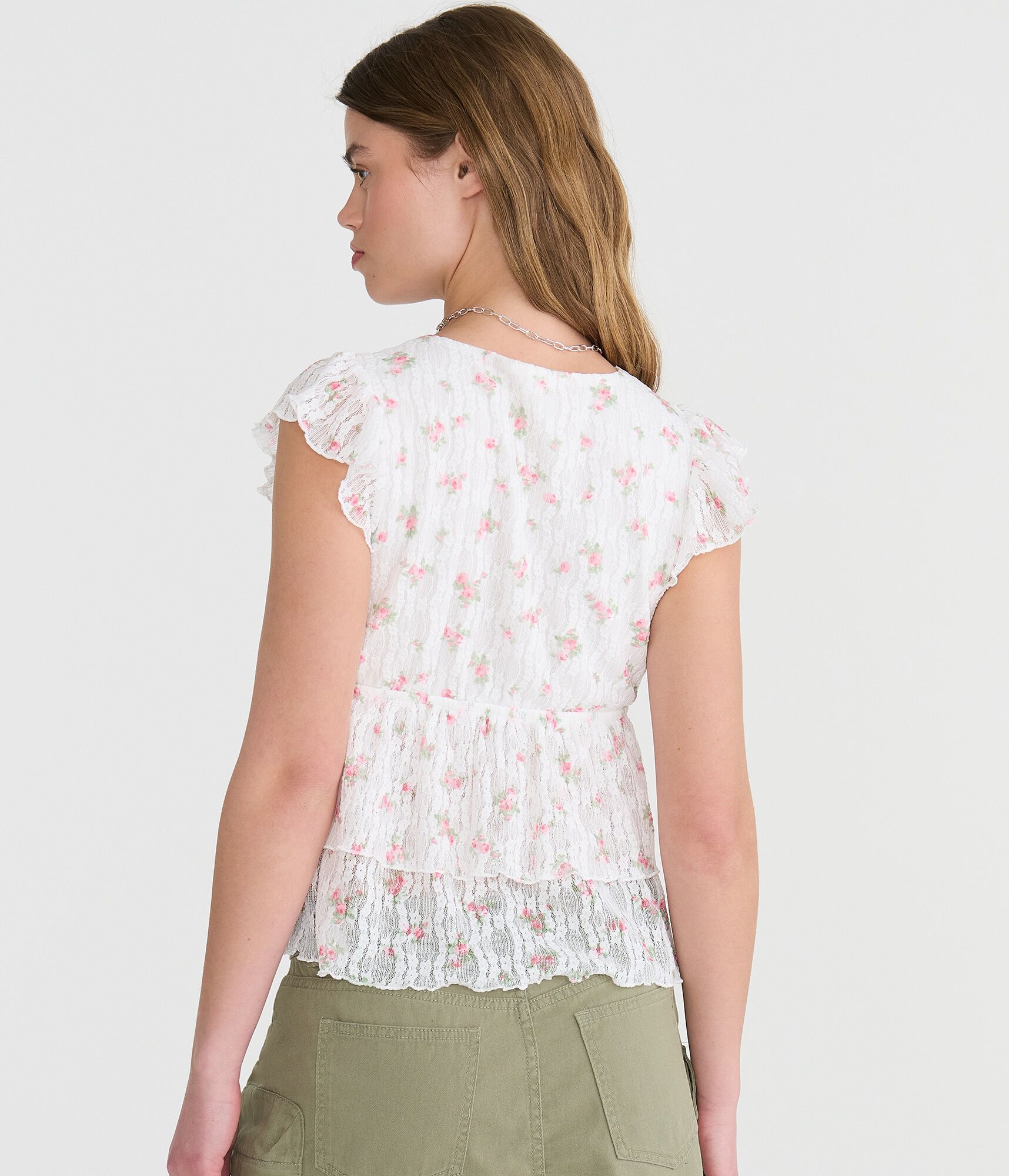 Floral Lace Flutter Sleeve V-Neck Top