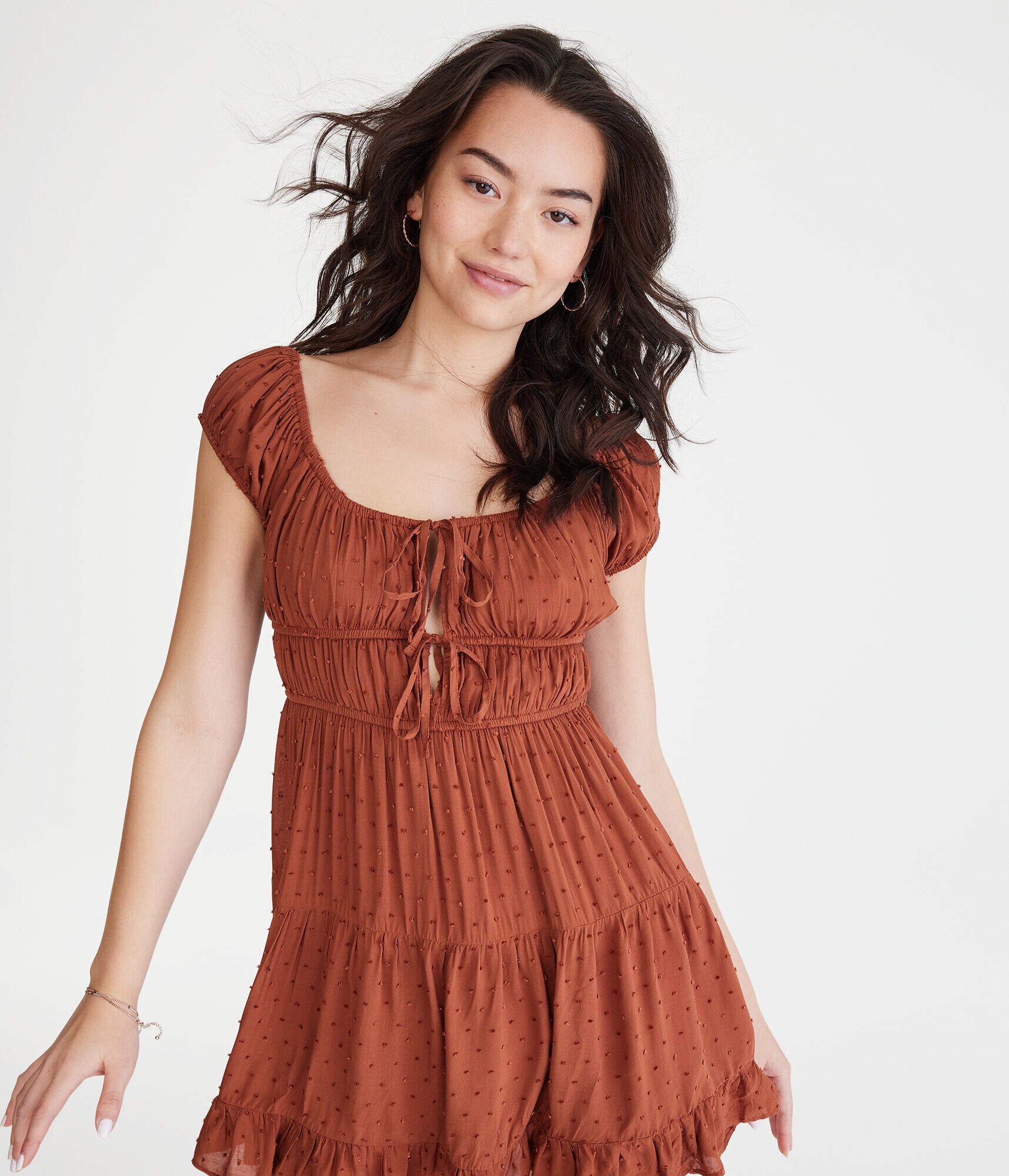 Solid Scoop-Neck Swiss Dot Fit &amp; Flare Dress