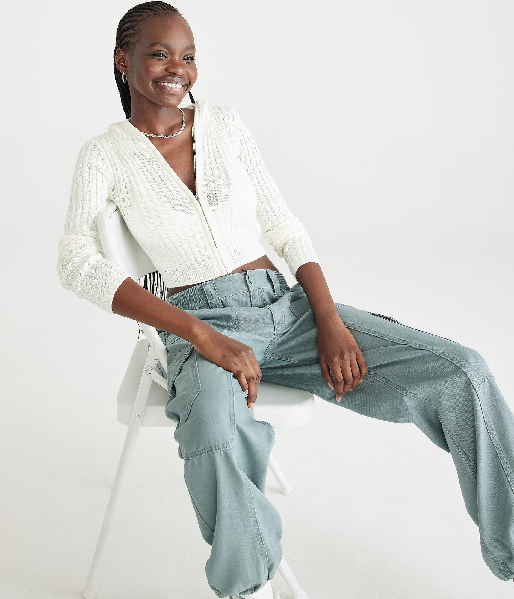 Ribbed Cropped Zip-Front Hooded Sweater