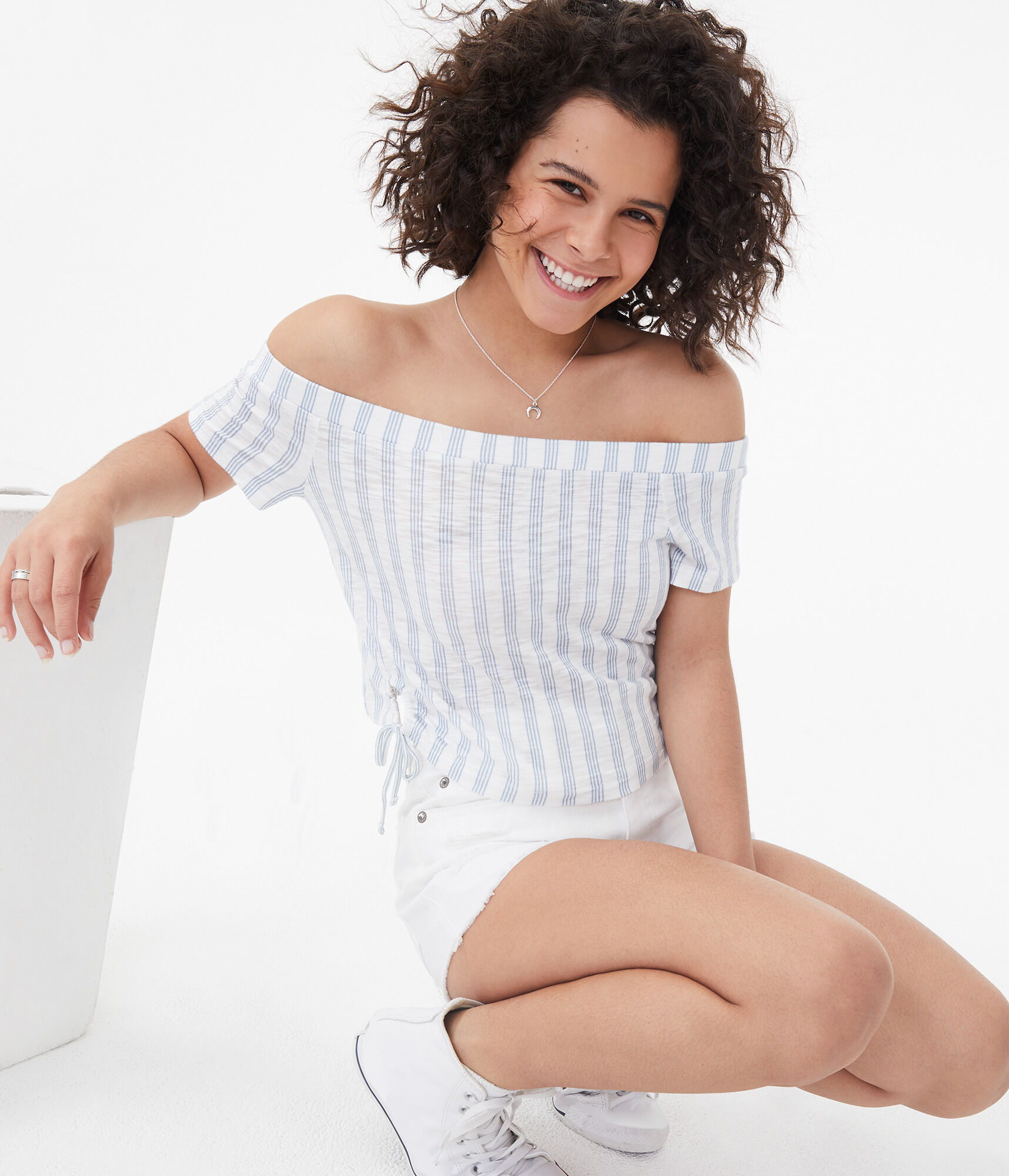 Striped Tie Keyhole Off-The-Shoulder Top