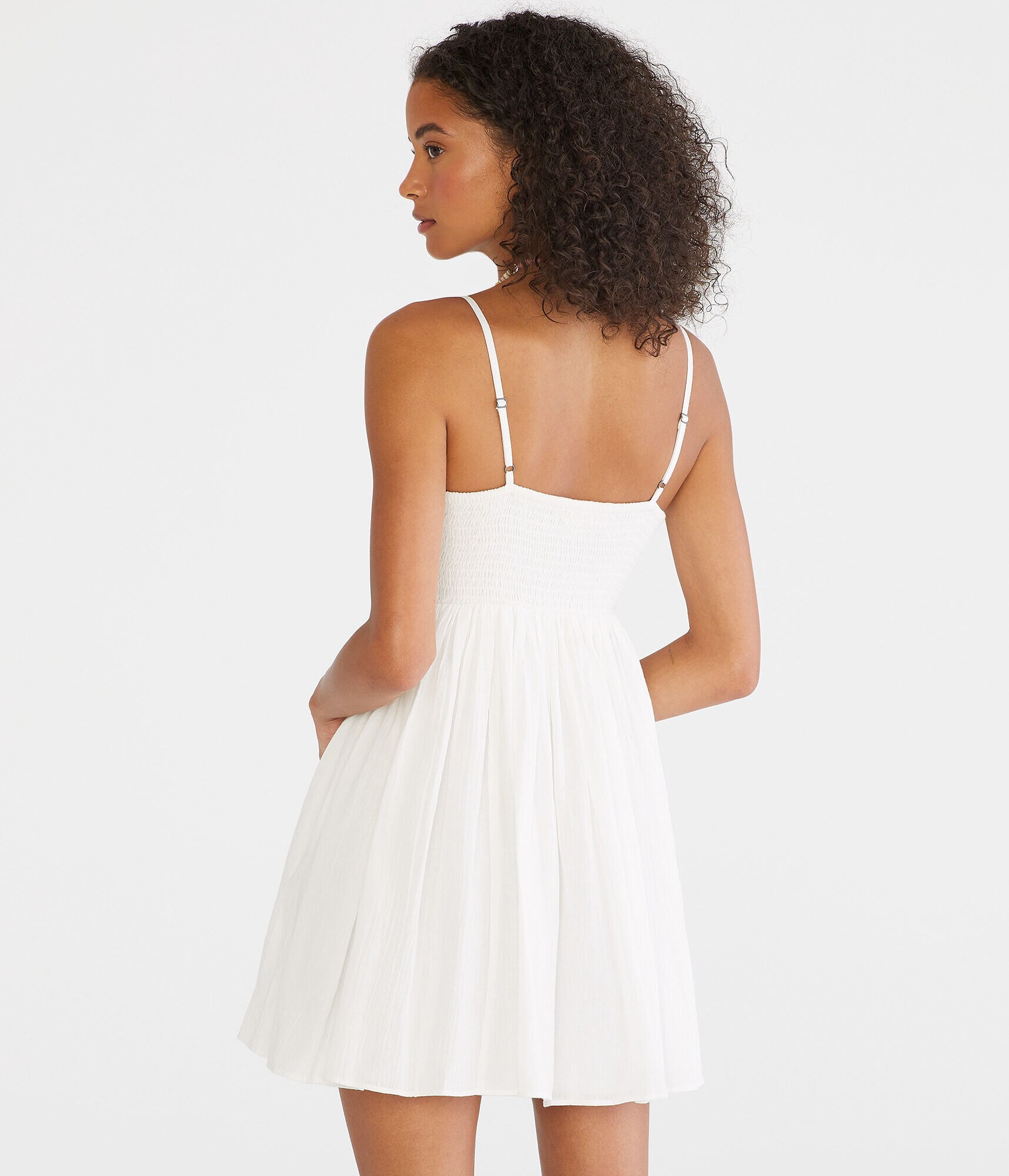 Solid V-Neck Eyelet Babydoll Dress