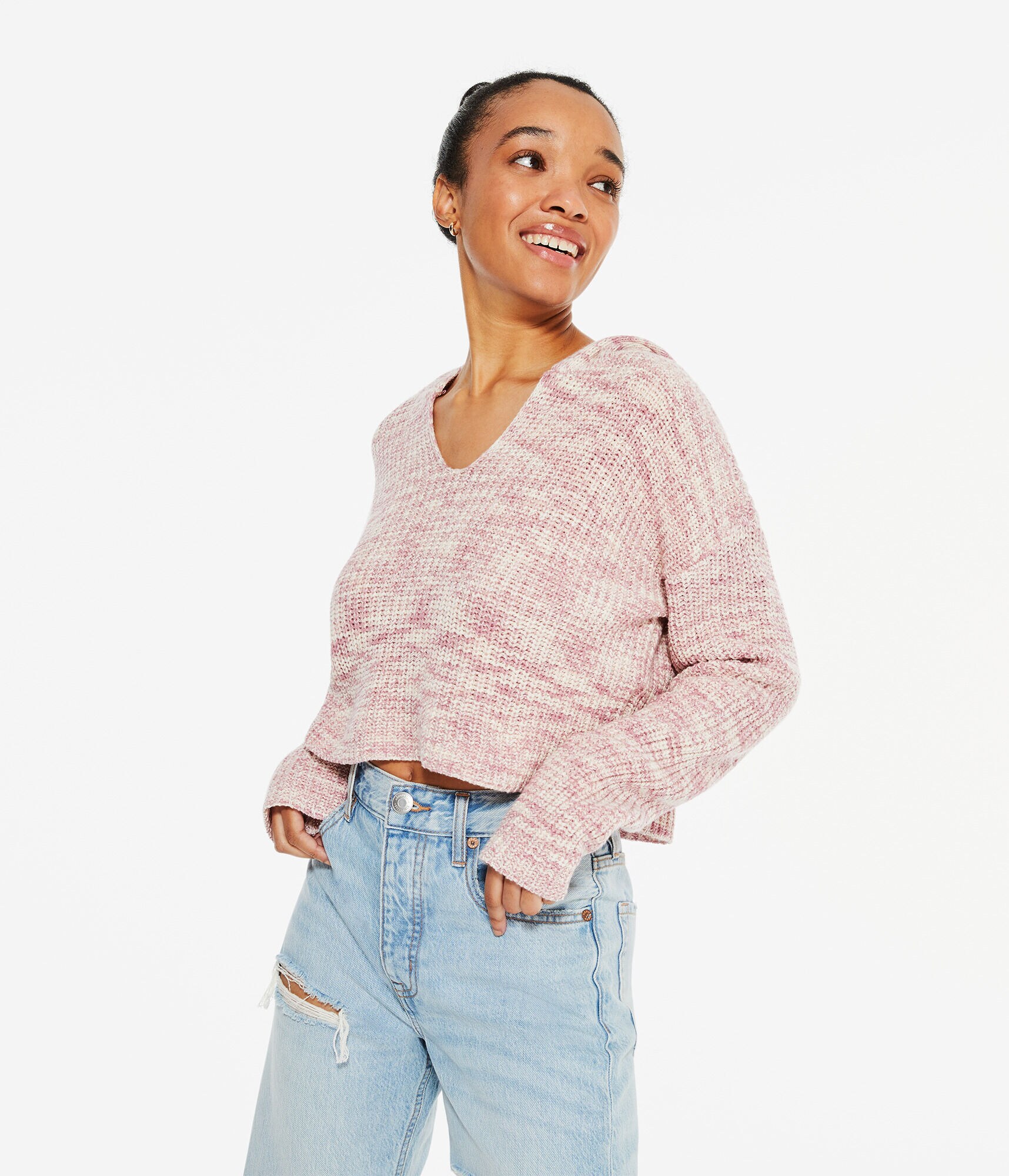 Marled Hooded Cropped V-Neck Sweater