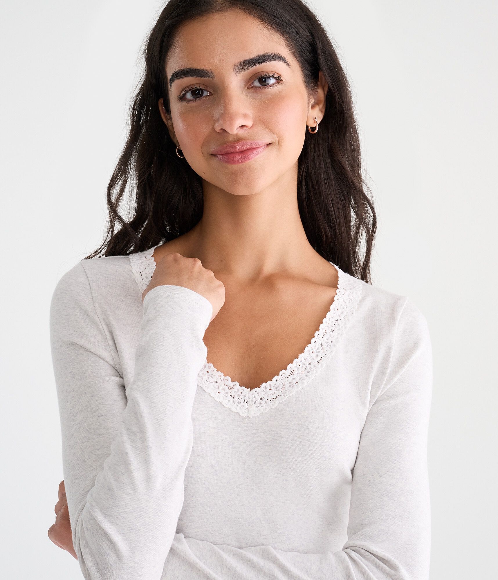 Long Sleeve Seriously Soft Lace-Trim V-Neck Tee