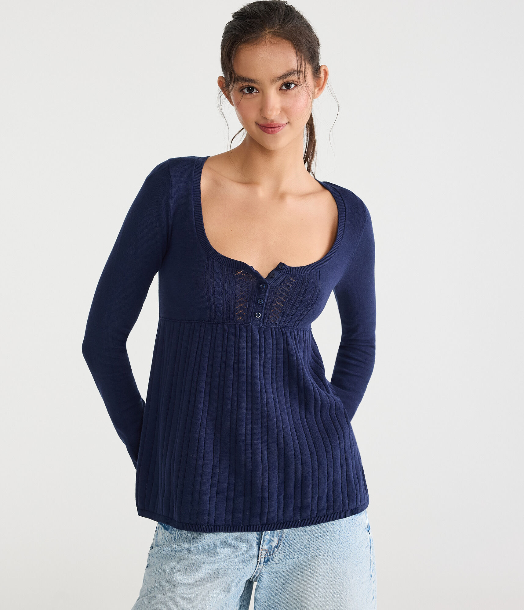 Cable Open-Stitch Square-Neck Babydoll Sweater