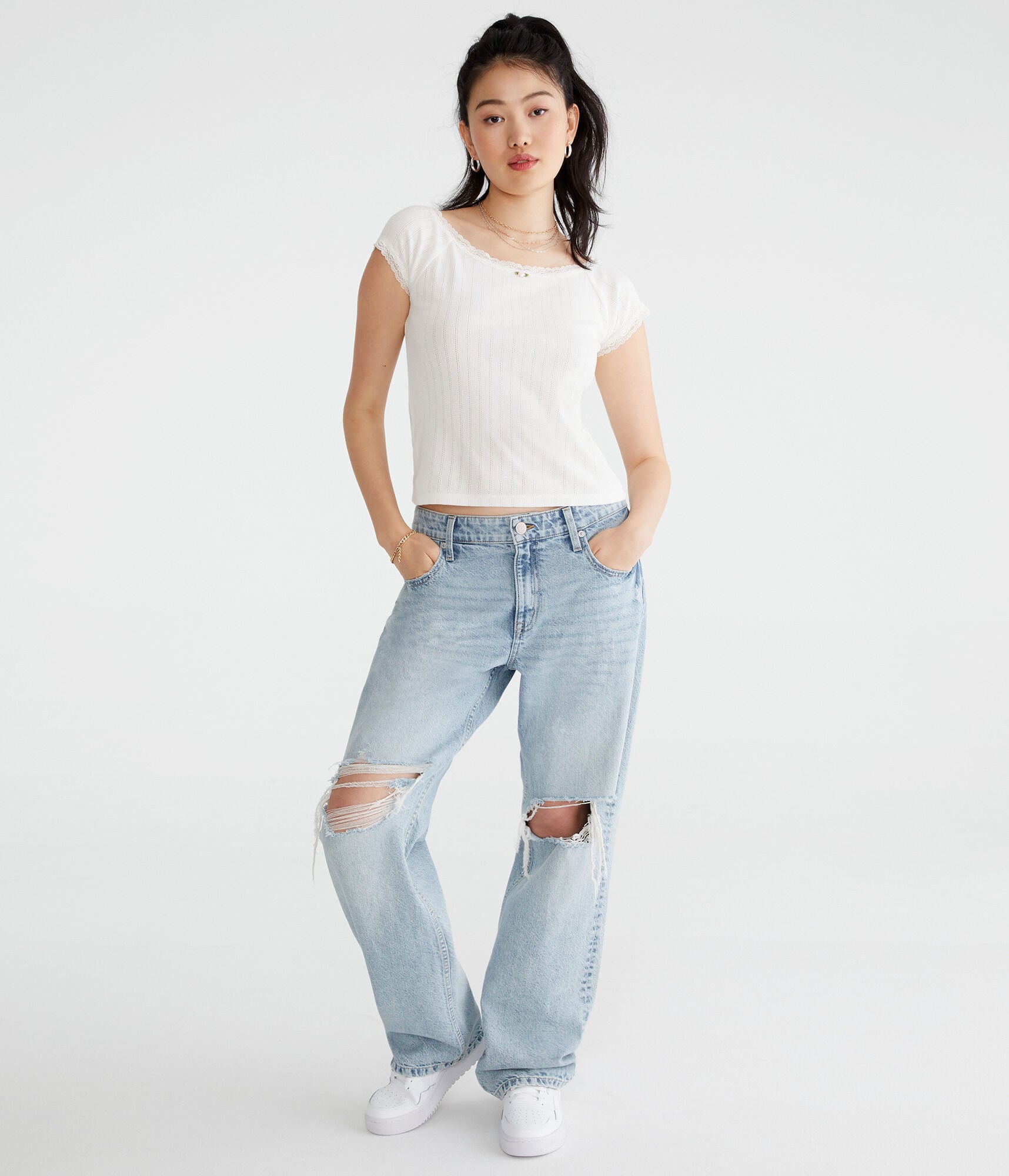 Lace Trim Boat-Neck Shrunken Tee