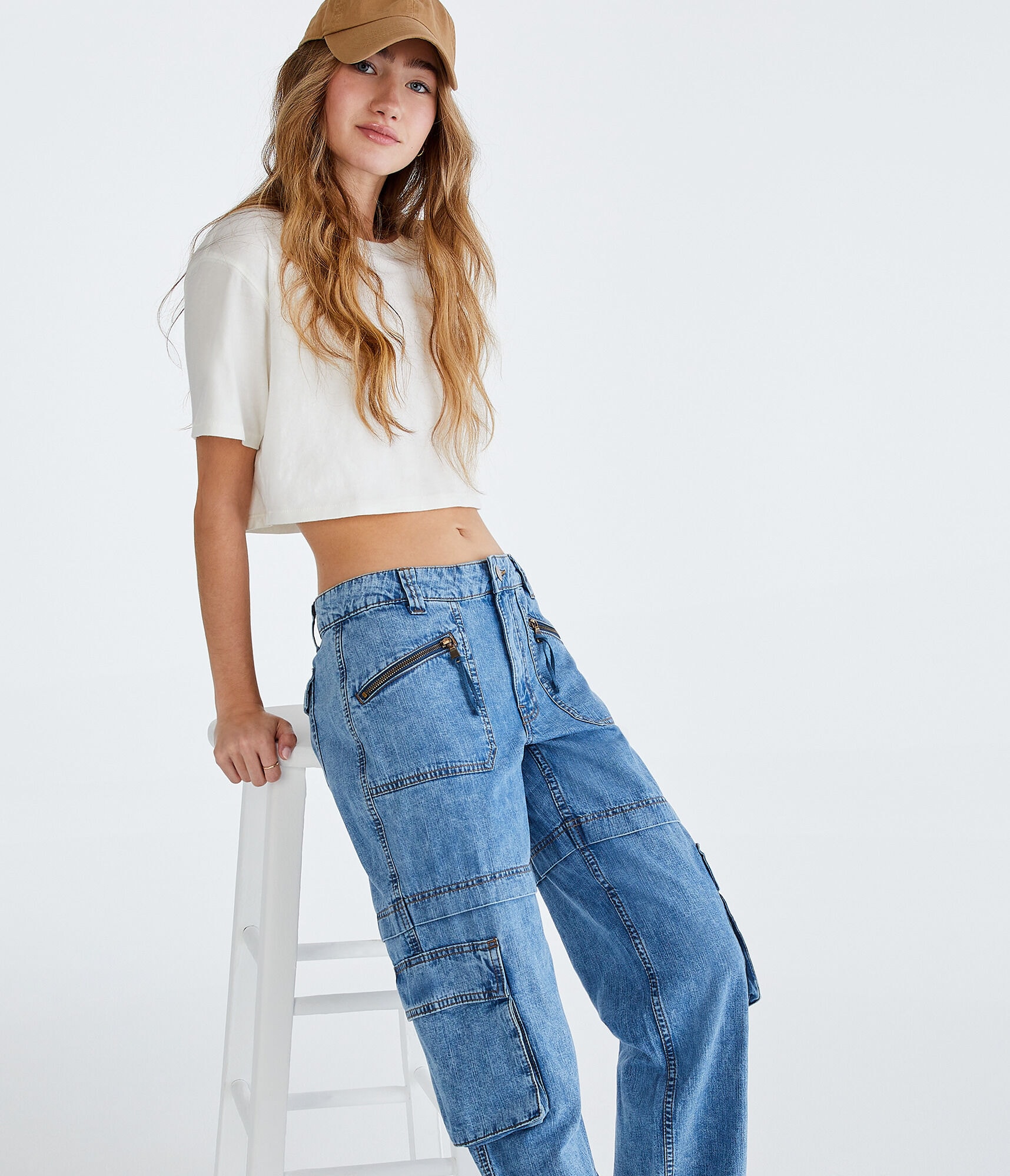 Low-Rise Denim Parachute Pants