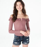 Long Sleeve Solid Ruffle V-Wire Off-The-Shoulder Top