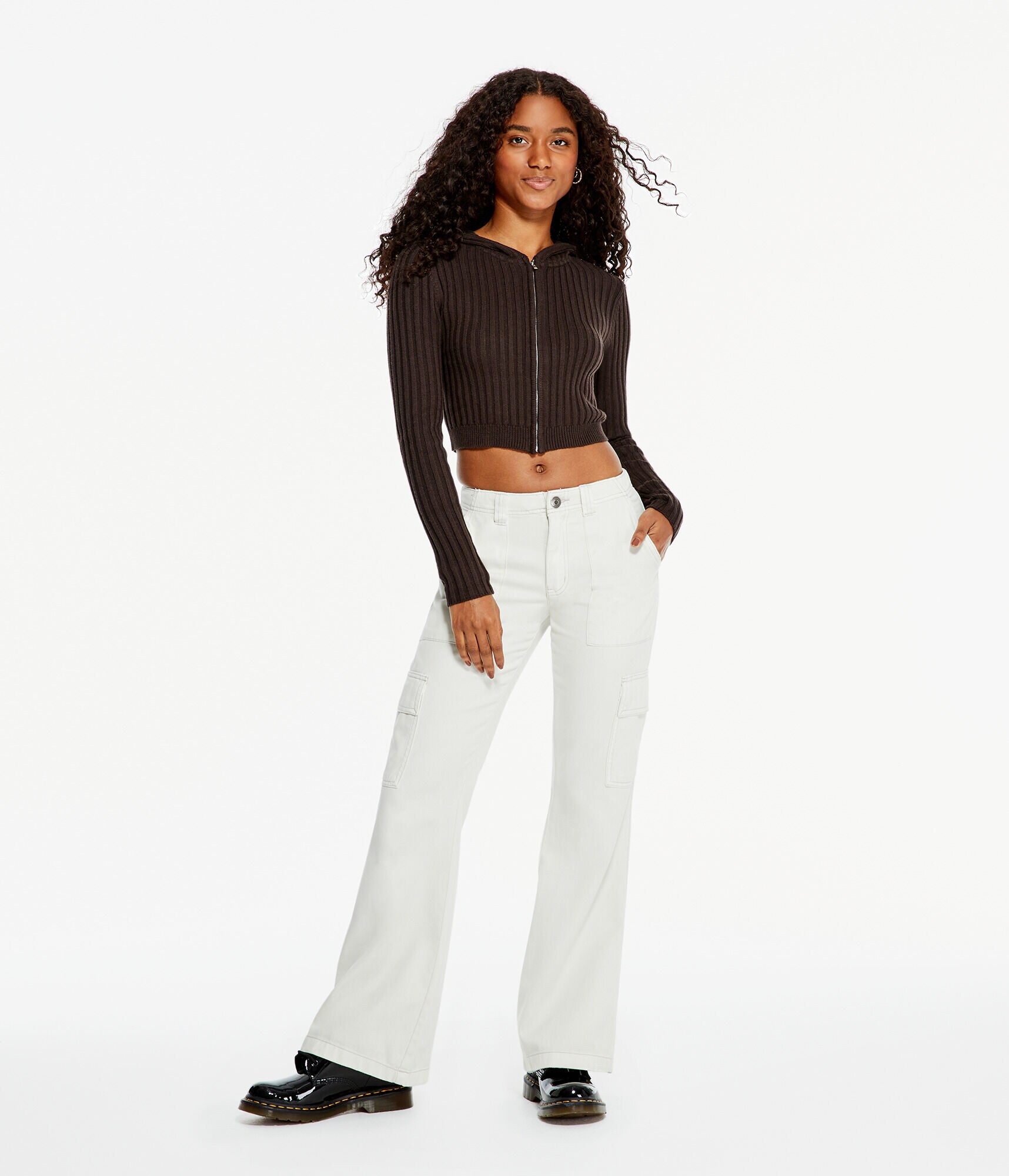 Ribbed Full-Zip Cropped Hooded Sweater