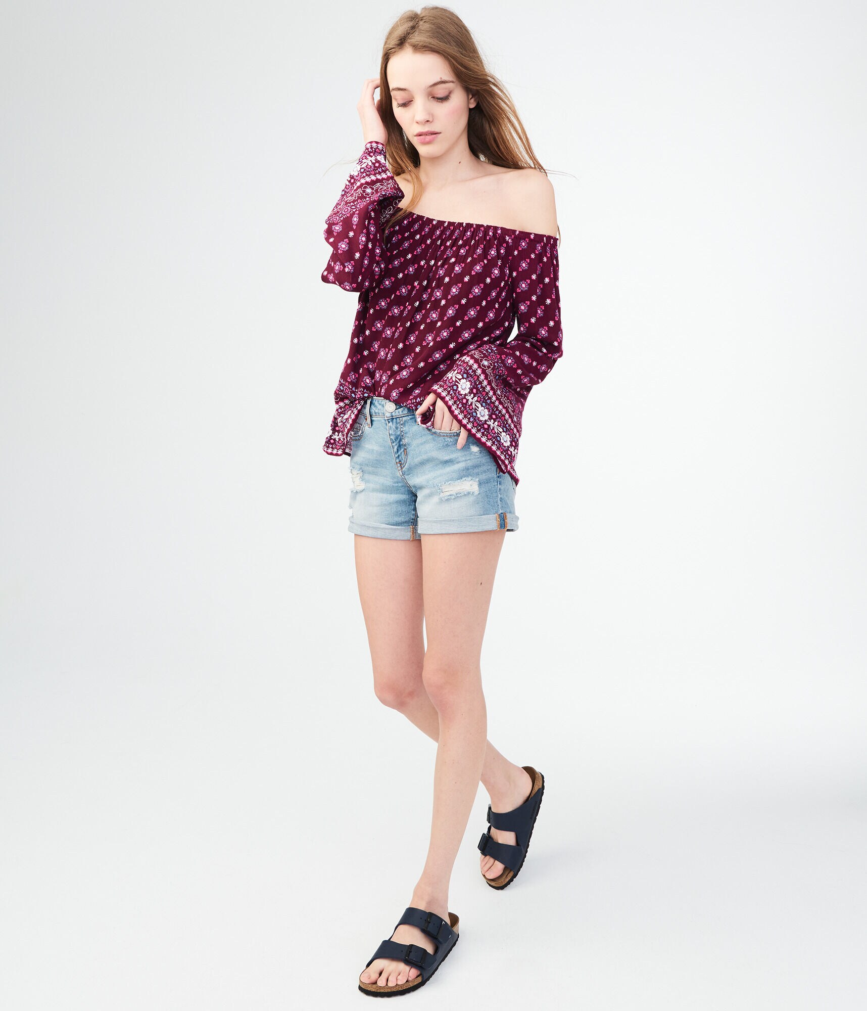 Light Wash Destroyed Denim Midi Shorts