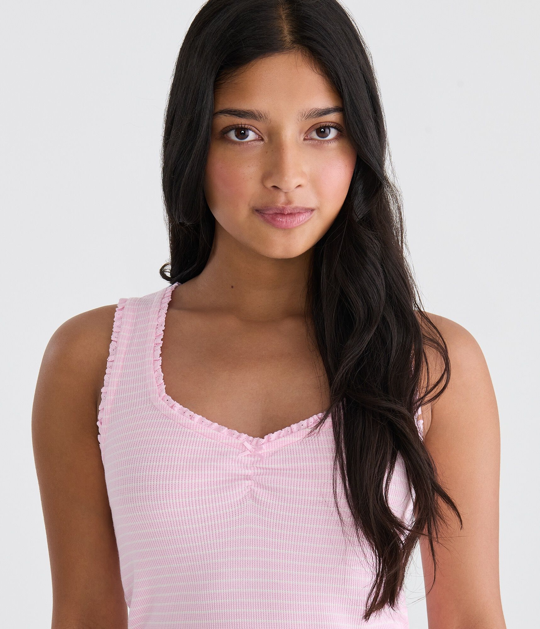Thin Stripe Cropped Waffle Sleep Tank