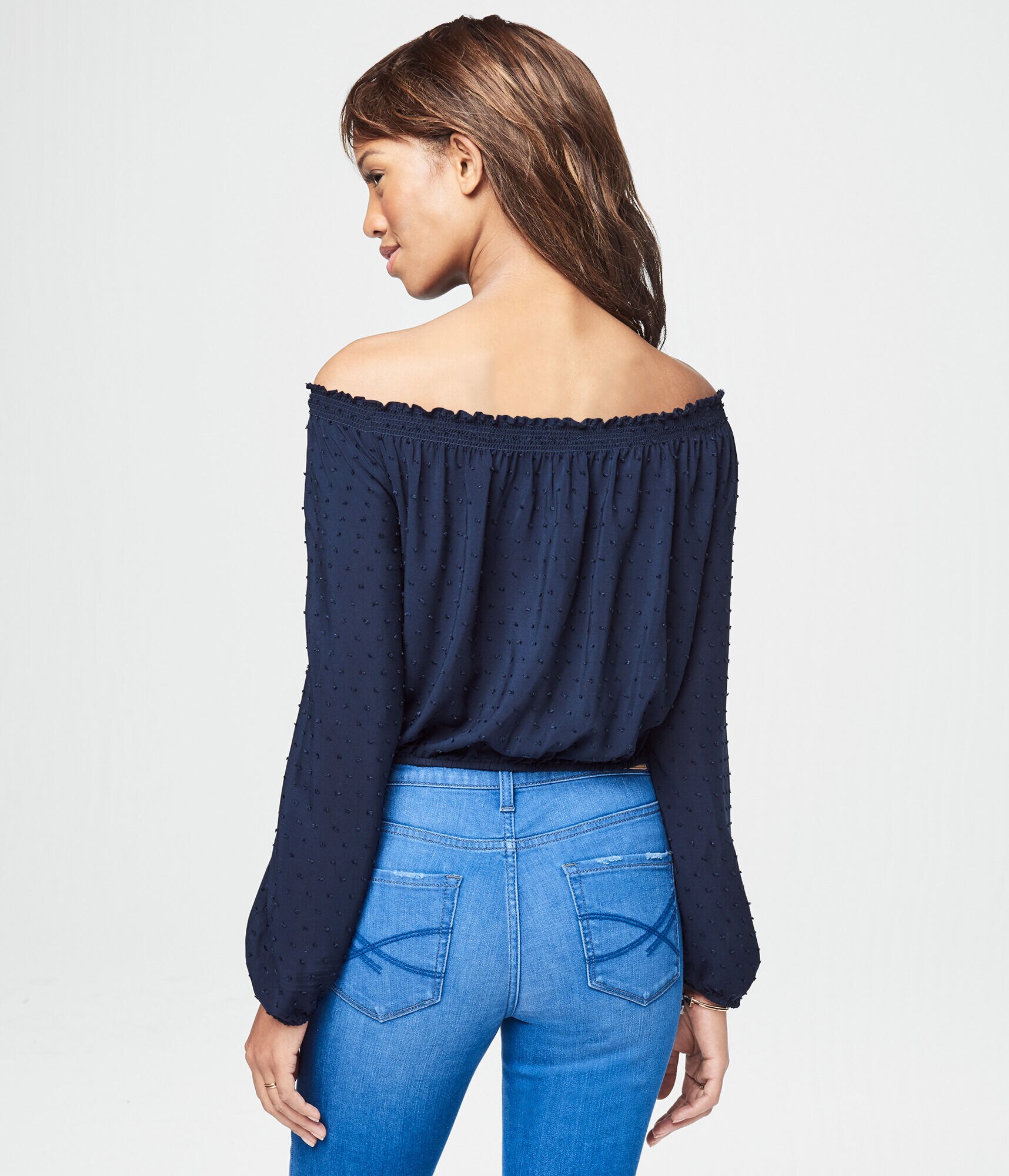 Long Sleeve Clip Dot Off-The-Shoulder Crop Top