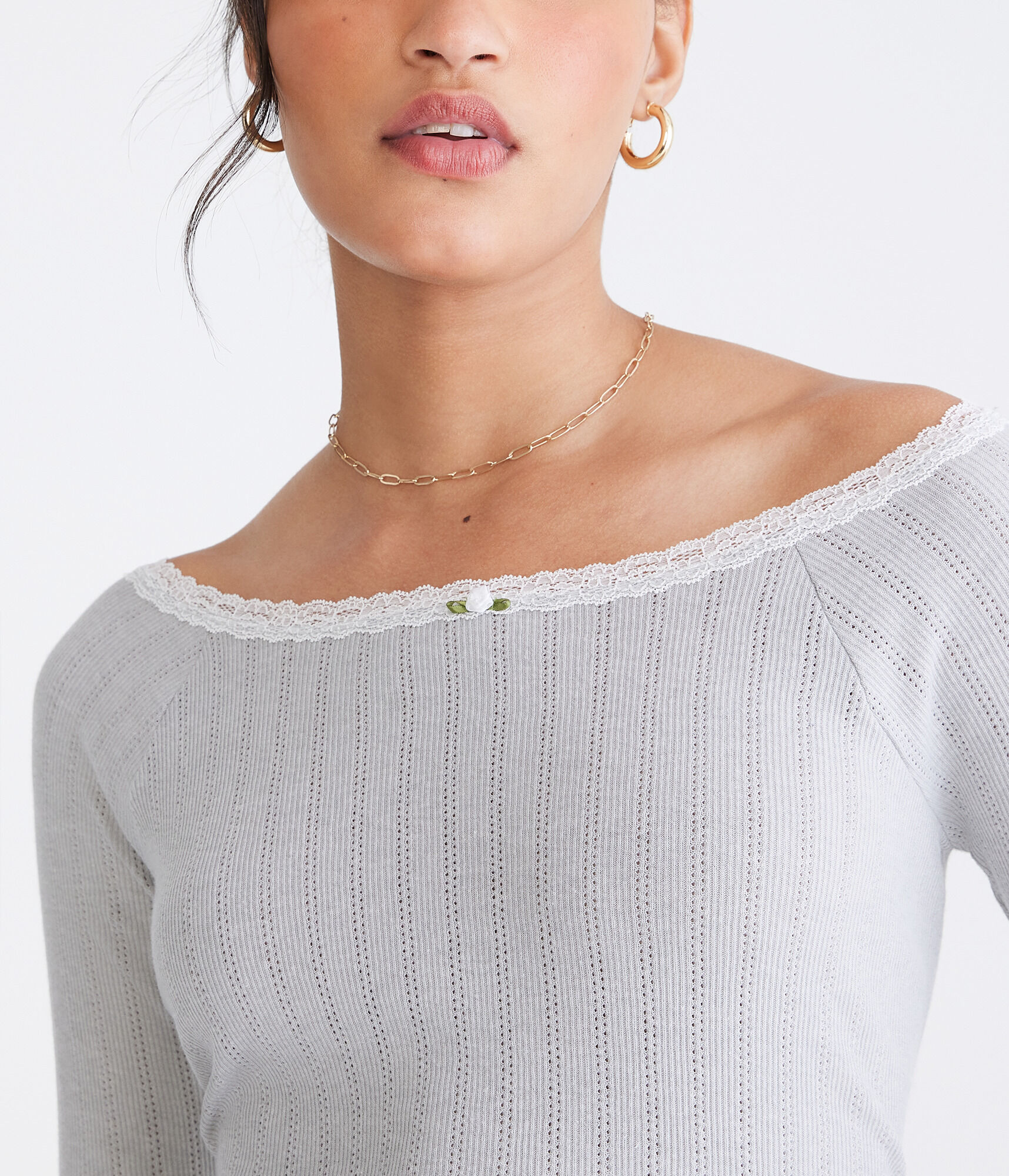 Long Sleeve Pointelle Open-Neck Tee