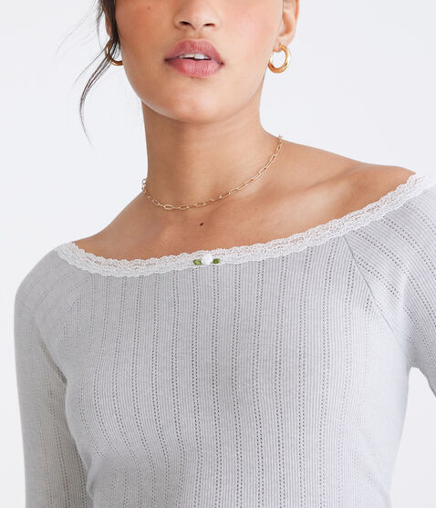 Long Sleeve Pointelle Open-Neck Tee Long Sleeve Pointelle Open-Neck Tee