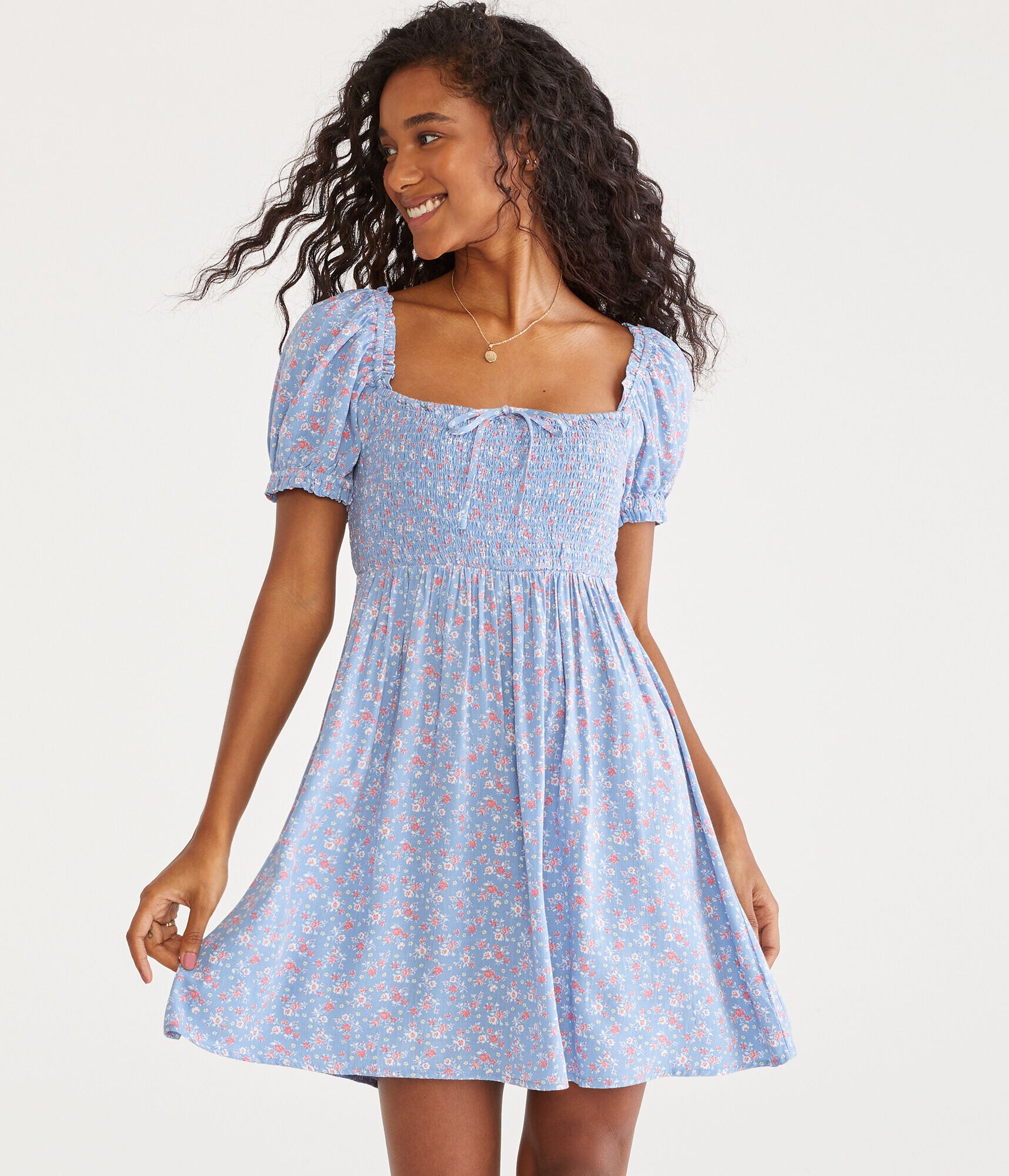 Floral Square-Neck Smocked Mini Dress