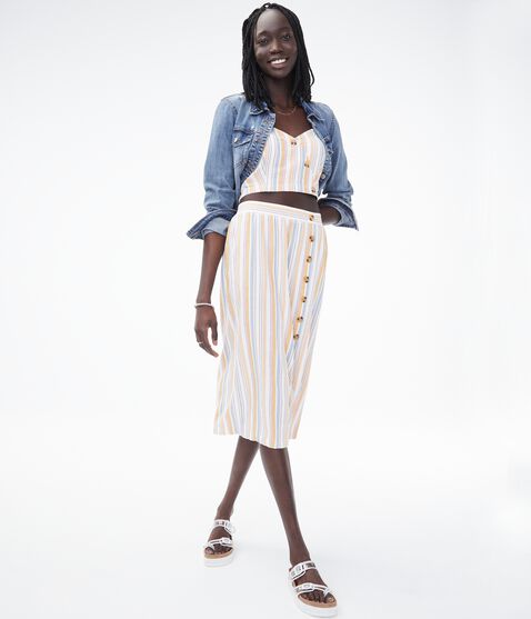 Striped Button-Front Midi Skirt