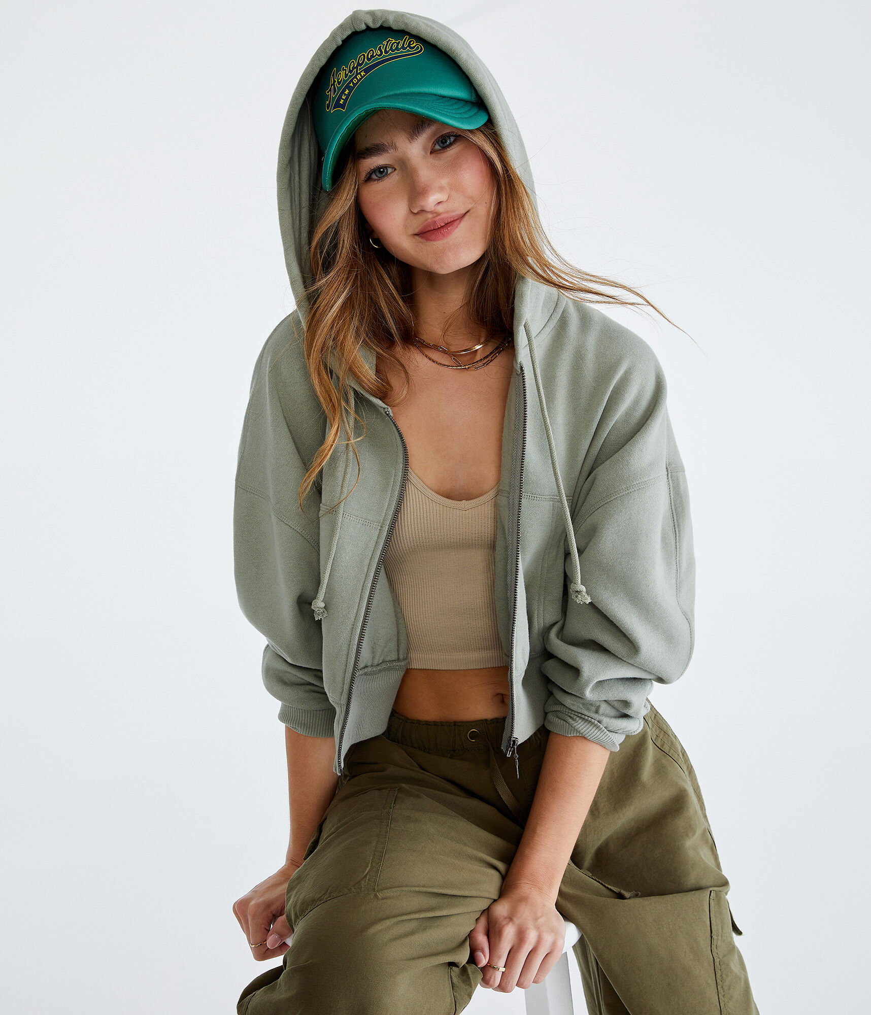 Oversized Cropped Full-Zip Hoodie