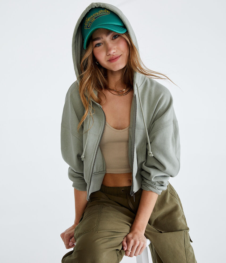 Oversized Cropped Full-Zip Hoodie