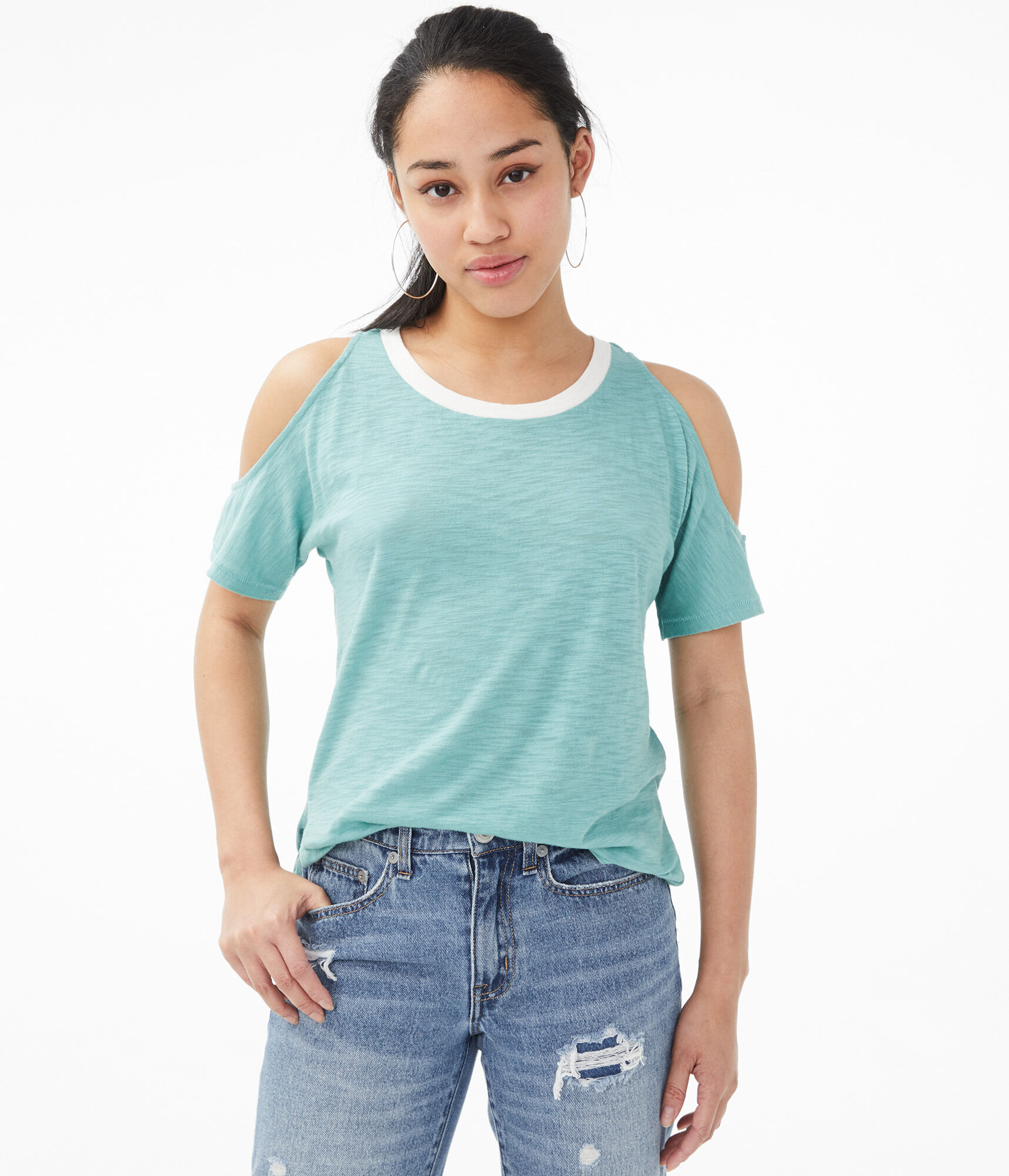 Ringer Cold-Shoulder Crew Tee