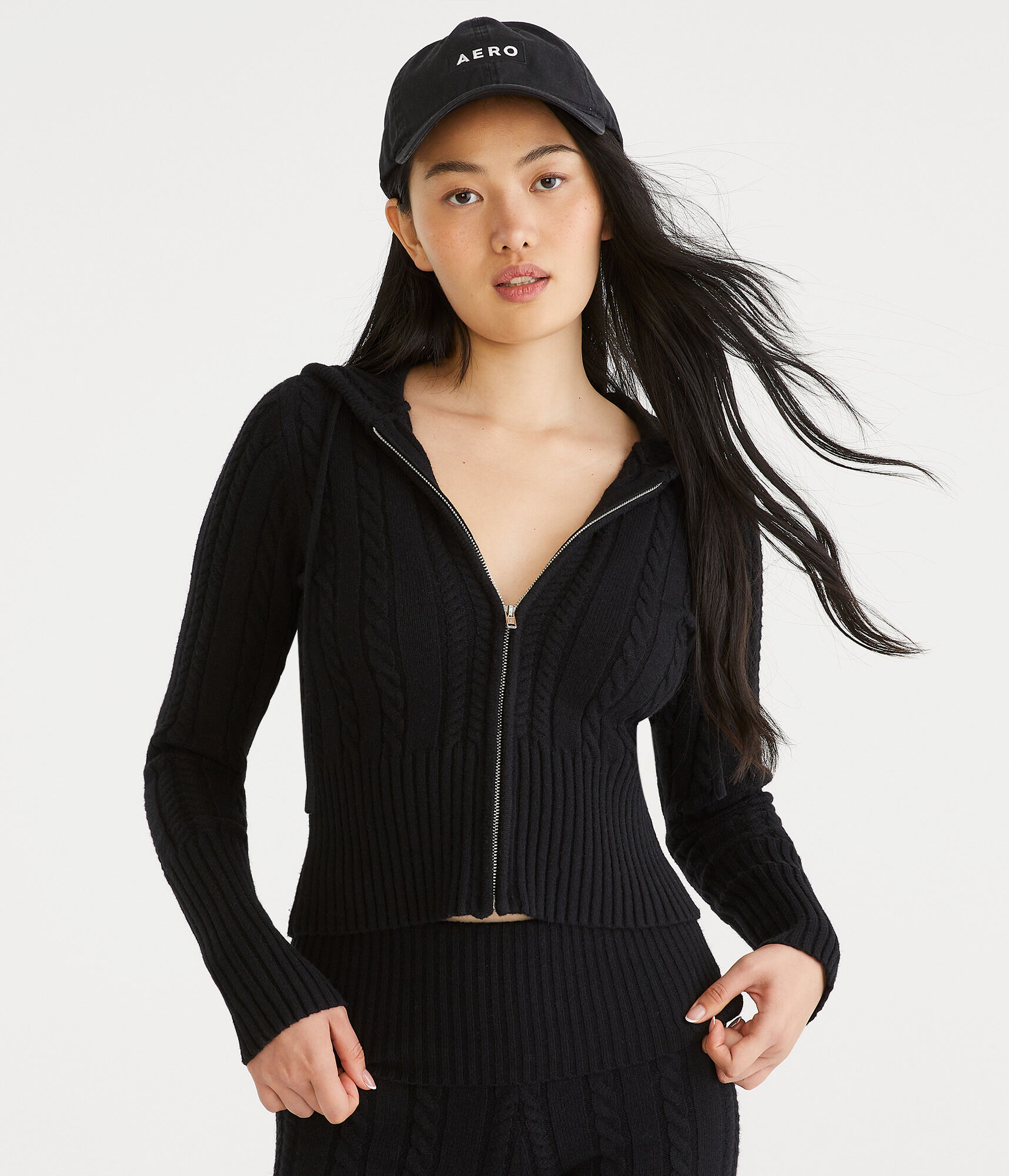 Cable Cropped Full-Zip Hooded Sweater