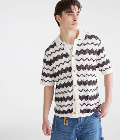 Chevron Crocheted Buttoned Sweater Polo Chevron Crocheted Buttoned Sweater Polo