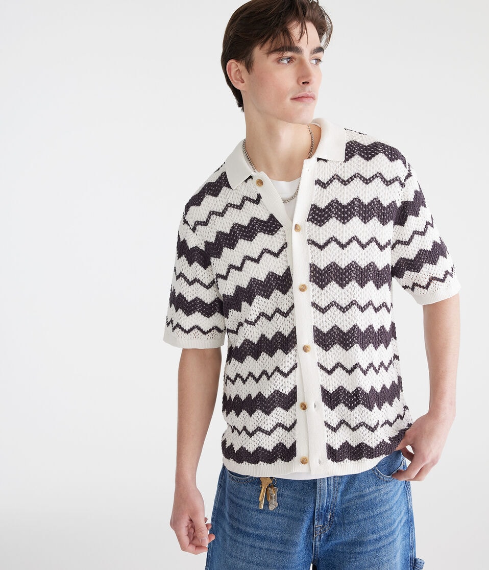 Chevron Crocheted Buttoned Sweater Polo