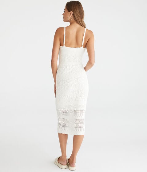 Solid V-Neck Crocheted Midi Dress