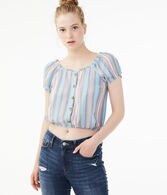 Striped Button-Front Peasant Top