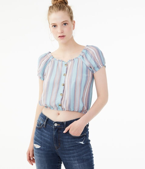 Striped Button-Front Peasant Top