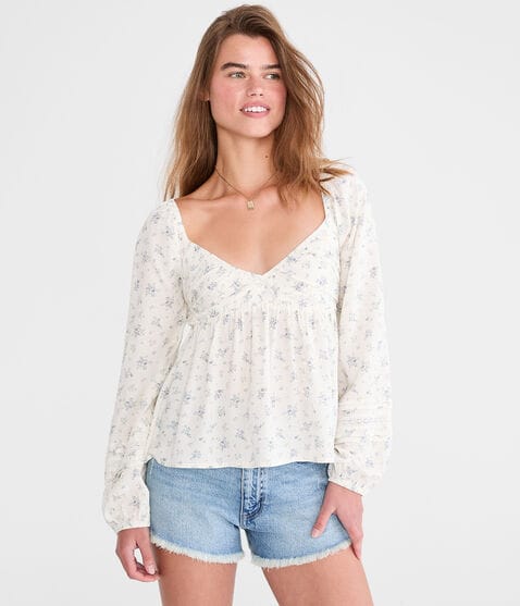 Long Sleeve Floral Lace & Pleats V-Neck Peasant Top Long Sleeve Floral Lace & Pleats V-Neck Peasant Top