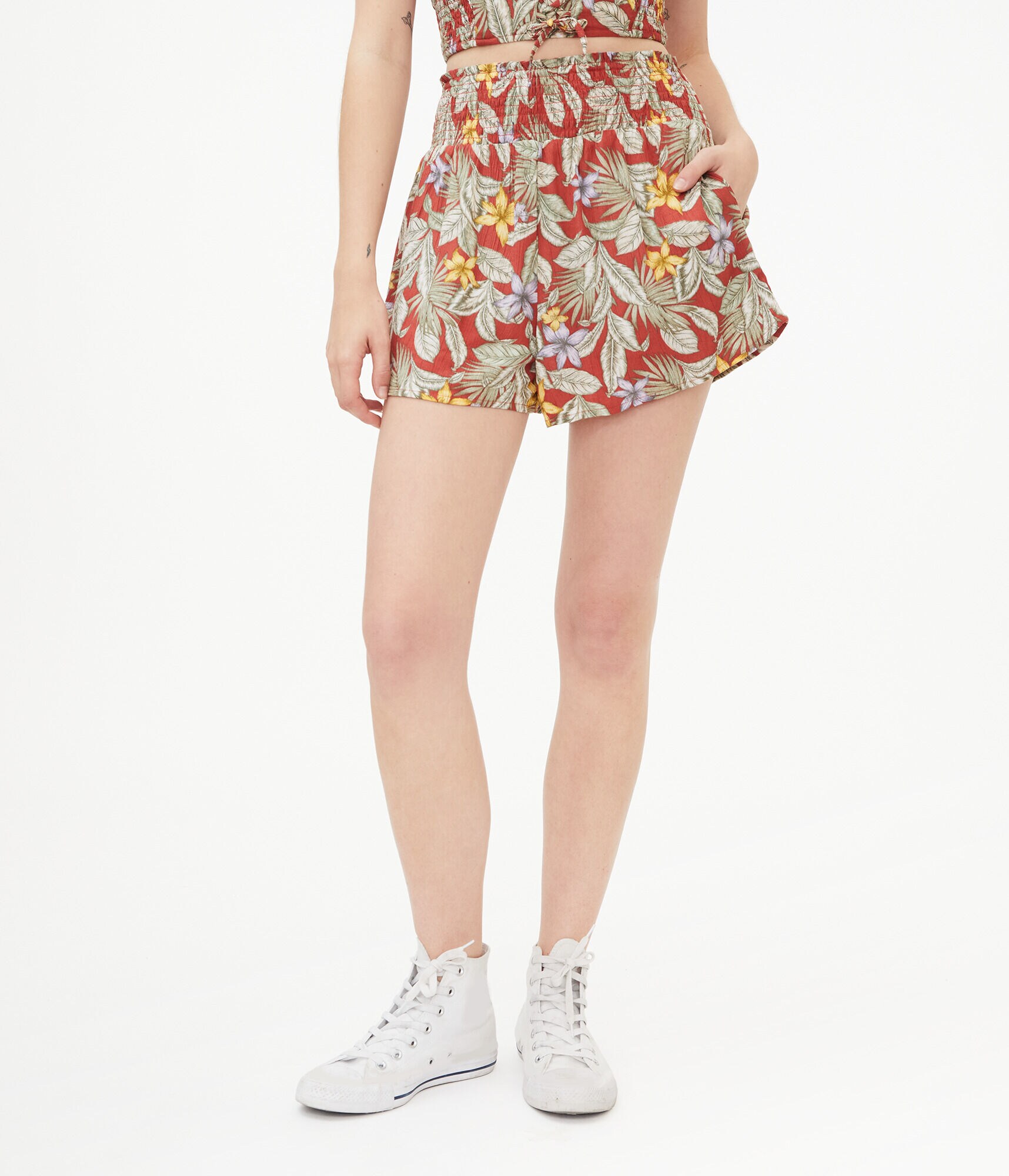 Tropical Smocked-Waist Shorts