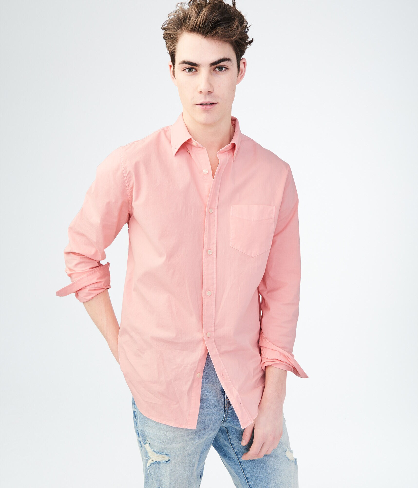 Long Sleeve Solid Stretch Woven Shirt